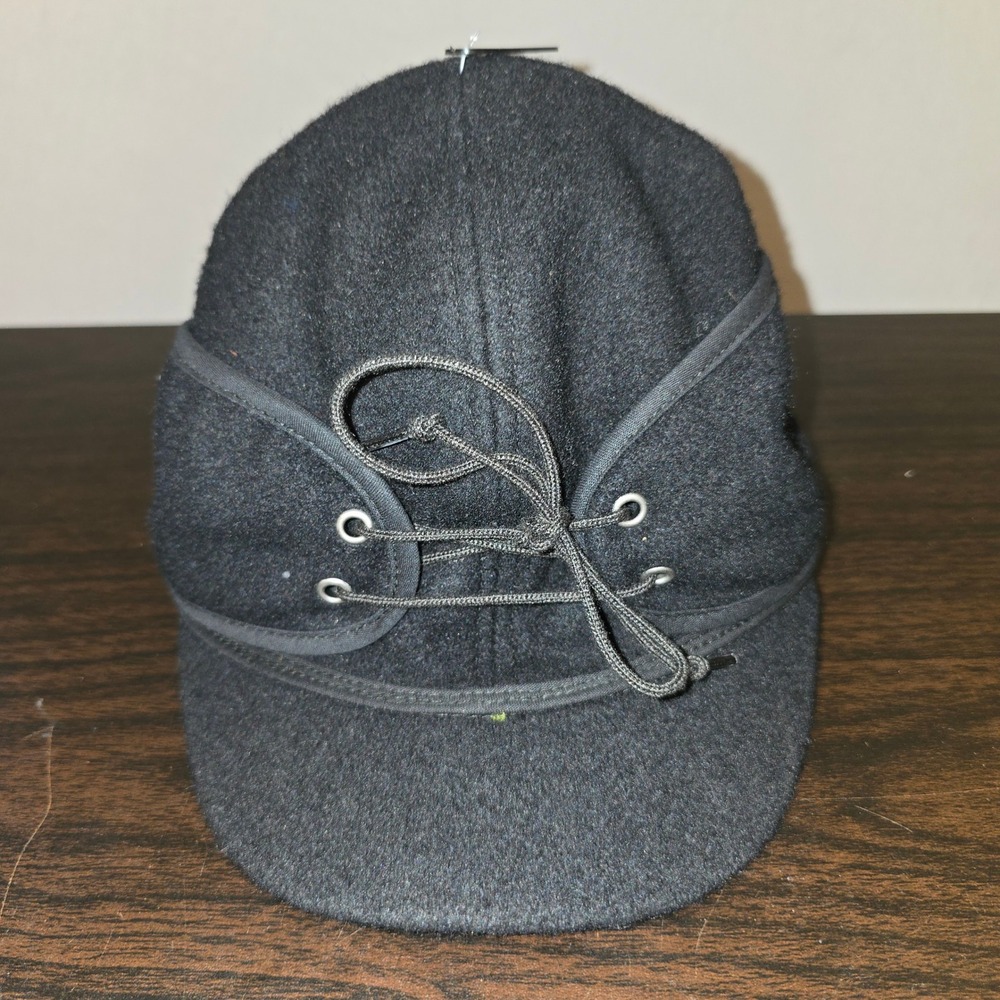 CrownCap Ear Flap Hat Size 6 1/4 Kids Black Wool Blend Lace Up Winter Cap 1-170